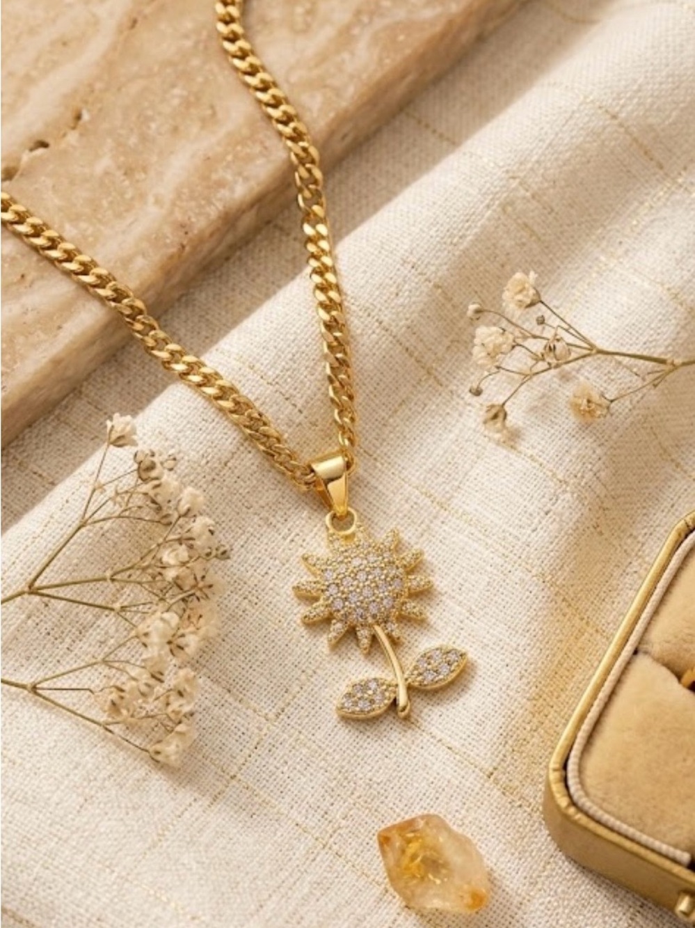 Gold Sunflower Pendant Necklace - Women Jewelry
